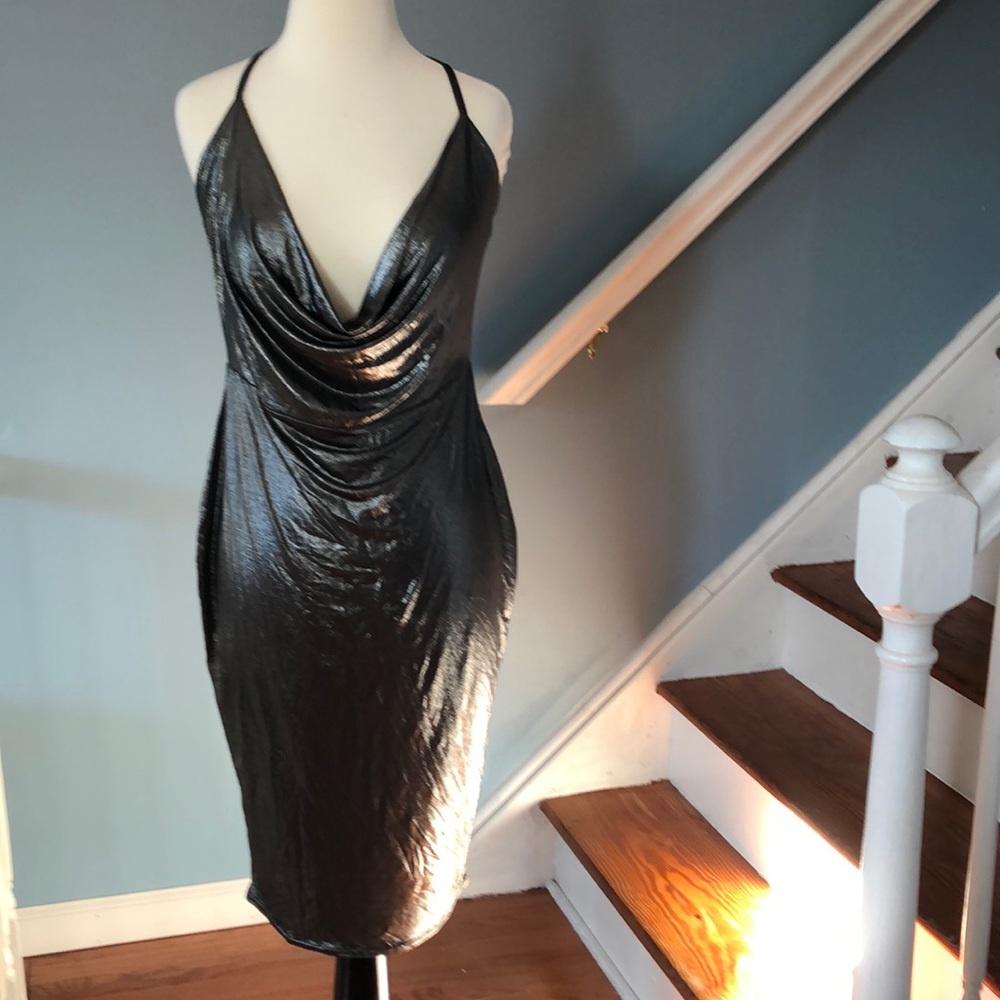 Boohoo Women’s Pearl Metallic Strappy Cowl Dress